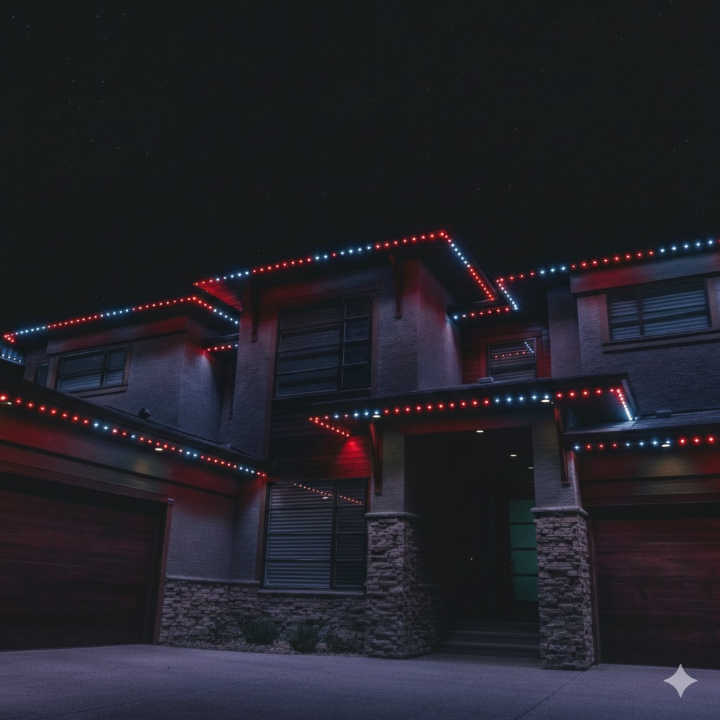 Permanent holiday lights Canada Day display – Calgary soffit lighting